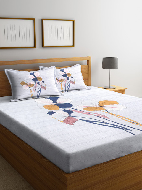 

HOSTA HOMES Blue Floral 260 TC Cotton 1 King Bedsheet with 2 Pillow Covers