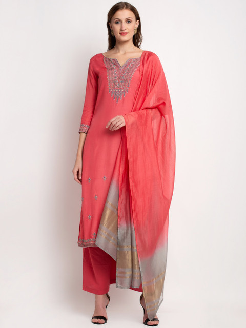 

Stylee LIFESTYLE Coral & Grey Cotton Blend Unstitched Dress Material