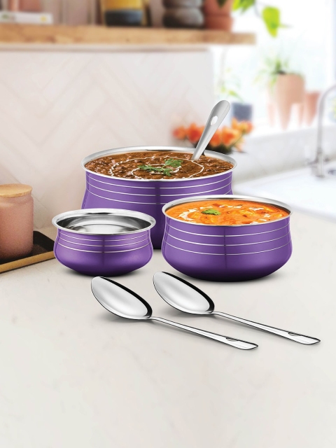 

URBAN CHEF Set of 6 Purple & Silver-Toned Striped Stainless Steel Handi & Spoons