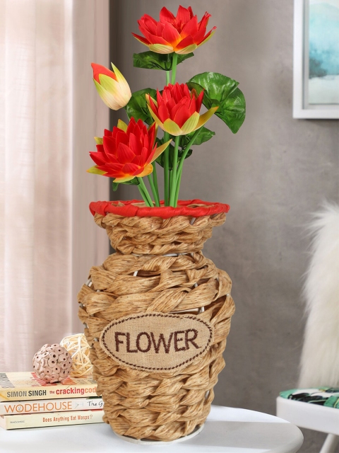 

TIED RIBBONS Red & Green Artificial Lotus Lily Plant With Ratan Vase