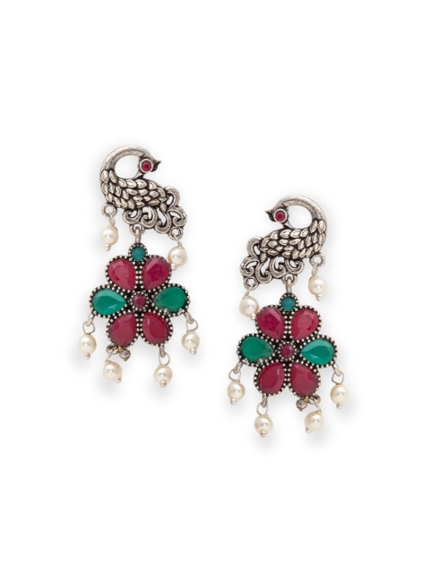 

Rangriti Pink & Silver-Toned Peacock Shaped Drop Earrings