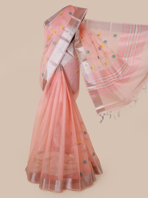 

Pothys Peach-Coloured & Silver-Toned Tissue Embroidered Saree With Tasseled Pallu