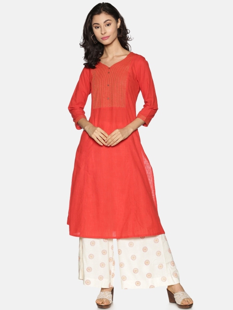 

Saffron Threads Women Orange Yoke Design Thread Work Dobby Kurta