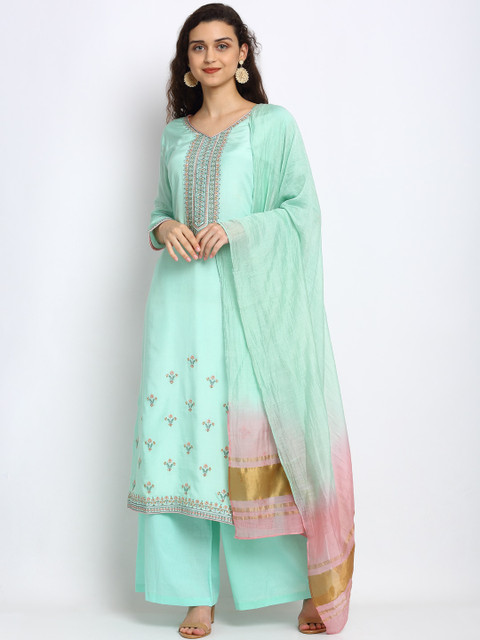 

Stylee LIFESTYLE Green & Gold-Toned Cotton Blend Unstitched Dress Material