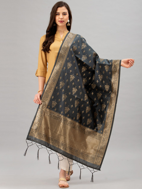 

Satrani Grey & Gold-Coloured Woven Design Jacquard Banarasi Dupatta