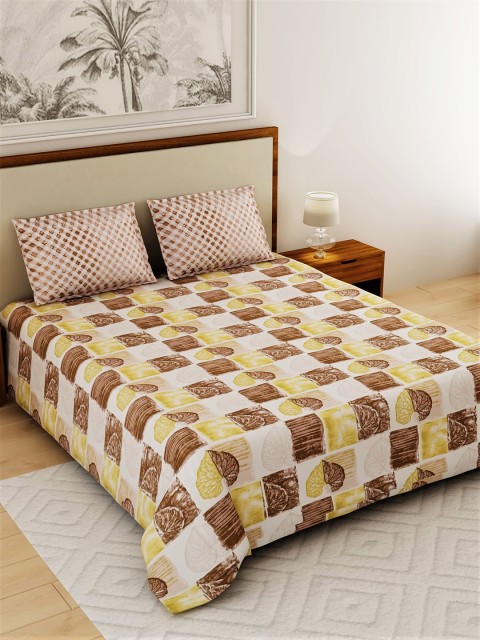 

Salona Bichona Brown & Yellow Geometric 104 TC Cotton 1 Queen Bedsheet with 2 Pillow Covers