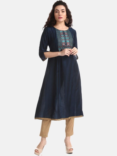 

Anahi Women Navy Blue Ethnic Motifs Yoke Design Kurta