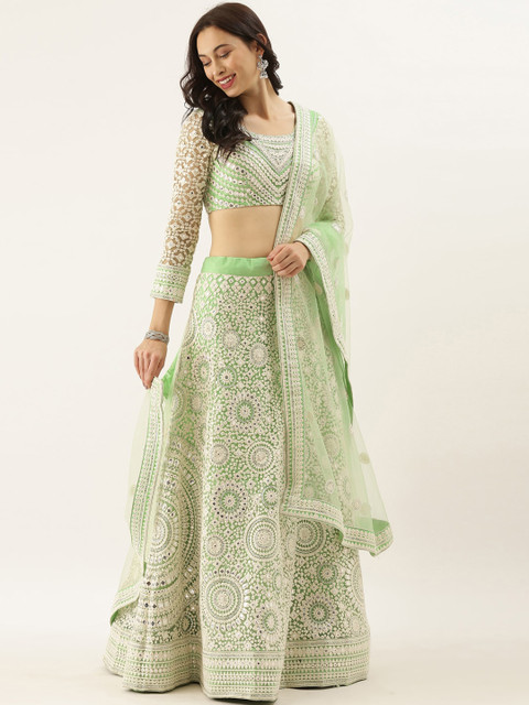 

panchhi Green & White Embroidered Semi-Stitched Lehenga & Unstitched Blouse with Dupatta