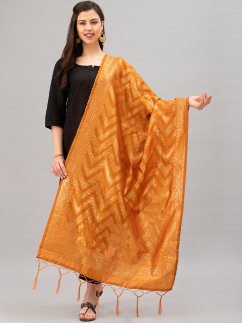 

Satrani Orange & Gold-Coloured Woven Design Jacquard Banarasi Dupatta