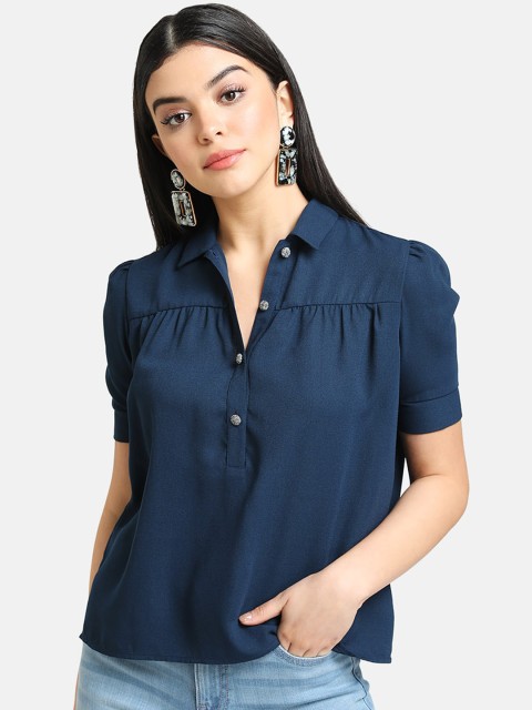 

Kazo Navy Blue Puff Sleeves Shirt Style Top