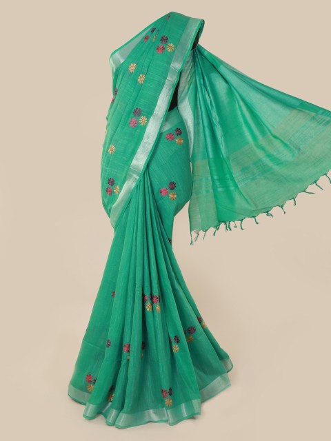 

Pothys Green & Orange Linen Blend Embroidered Saree