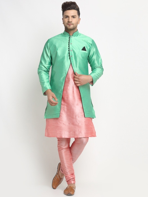 

Benstoke Men Pink & Green Solid Kurta with Churidar & Ethnic Jacket