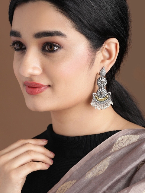 

Rubans Silver-Toned Handcrafted Oxidised Filigree Pearl Studded Contemporary Drop Earrings
