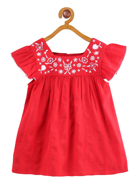

Miyo Red Floral Embroidered Flutter Sleeves Pure Cotton Regular Top
