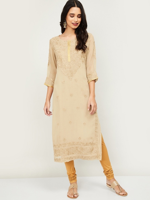 

Melange By Lifestyle Women Beige Floral Embroidered Chikankari Kurta