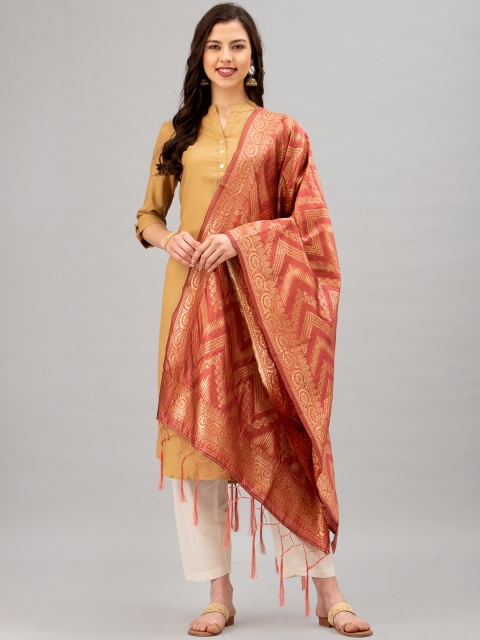 

Satrani Pink & Gold-Coloured Woven Design Jacquard Banarasi Dupatta