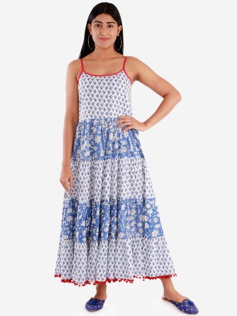 

Lil Peacock Women White & Blue Printed Maxi Dress