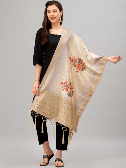 

Satrani Cream-Coloured & Peach-Coloured Floral Digital Print Jacquard Dupatta