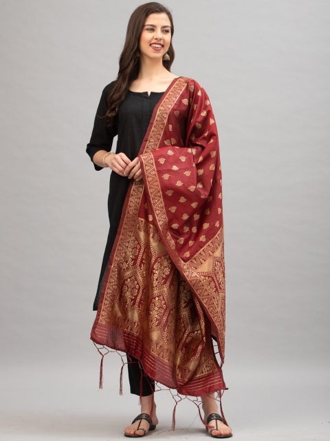 

Satrani Maroon & Gold-Coloured Woven Design Jacquard Banarasi Dupatta