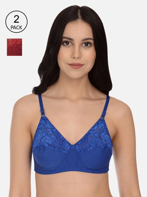 

mod & shy Pack of 2 Maroon & Blue Lace Non-Wired Non Padded Everyday Bra MS1054M-Assorted