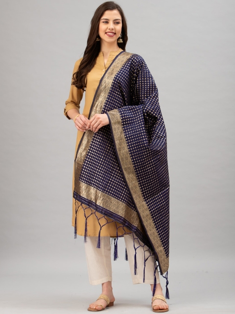 

Satrani Navy Blue & Gold-Coloured Woven Design Jacquard Banarasi Dupatta