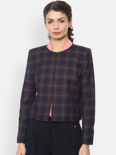 

Van Heusen Woman Women Navy Blue & Brown Checked Open-Front Formal Blazer