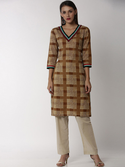 

Soch Women Brown & White Checked Straight Kurti