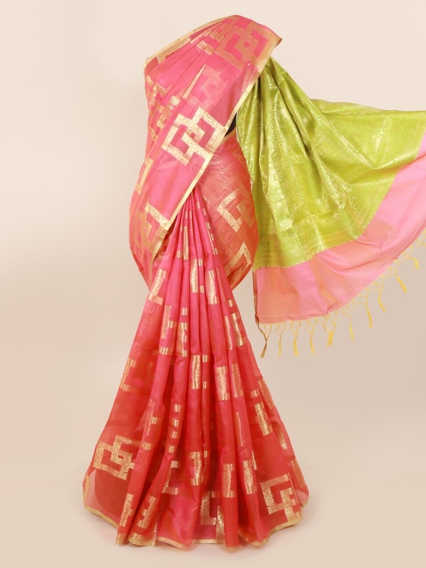 

Pothys Pink & Gold-Toned Silk Cotton Woven Design Saree With Tasseled Pallu