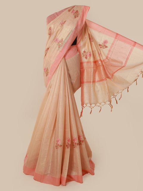 

Pothys Peach-Coloured Embroidered Tissue Saree With Tasseled Pallu
