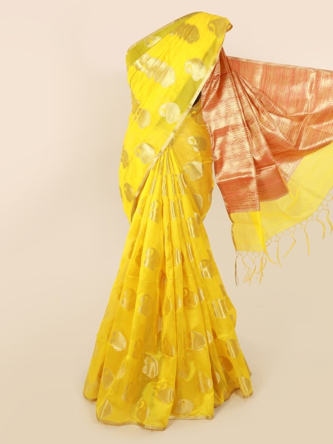 

Pothys Yellow & Gold-Toned Silk Cotton Woven Design Saree With Tasseled Pallu