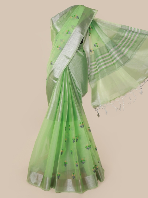

Pothys Green & Silver-Toned Tissue Embroidered Saree With Tasseled Pallu