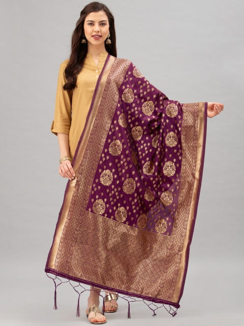 

Satrani Purple & Gold-Coloured Woven Design Jacquard Banarasi Dupatta