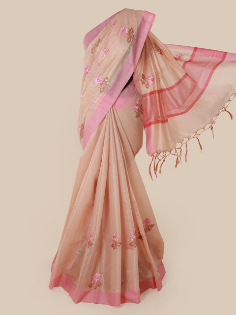 

Pothys Peach-Coloured & Pink Tissue Embroidered Saree With Tasseled Pallu