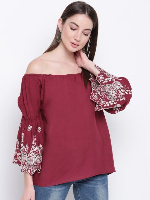 

Mayra Maroon Off-shoulder Bell Sleeves Bardot Top