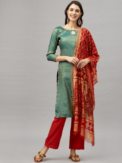 

Satrani Sea Green & Red Poly Silk Unstitched Dress Material