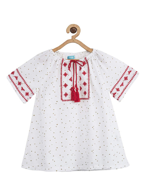 

Miyo Girls White & Red Printed Pure Cotton A-line Top