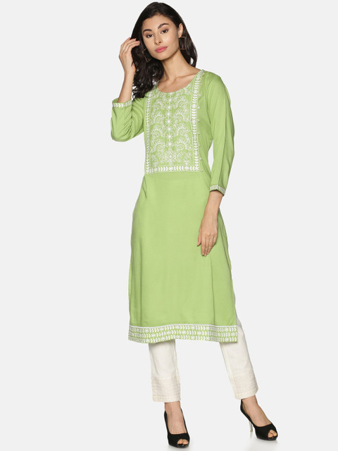 

Saffron Threads Women Green & Off White Ethnic Motifs Yoke Design Thread Work Kurta
