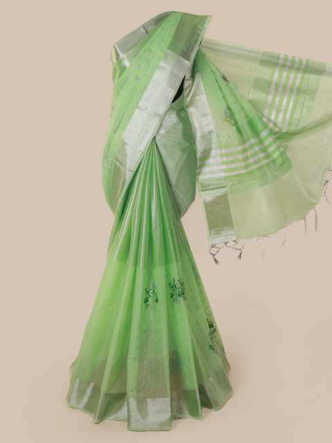 

Pothys Green & Silver-Toned Tissue Embroidered Saree