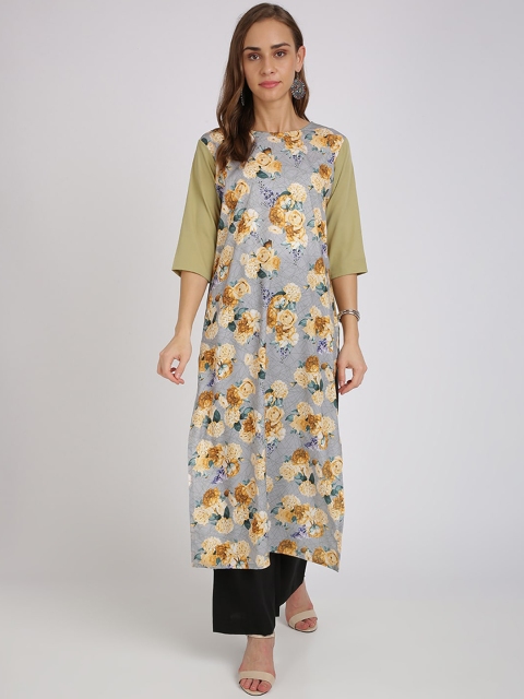 

Florence Women Grey Floral Printed Crepe Kurta