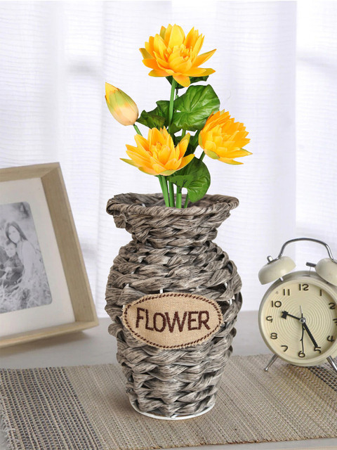 

TIED RIBBONS Yellow & Green Artificial Lotus Lily Flower Stick With Ratan Vase
