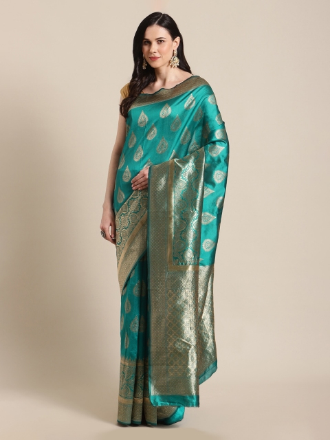 

Mitera Teal & Gold-Toned Silk Blend Woven Design Banarasi Saree