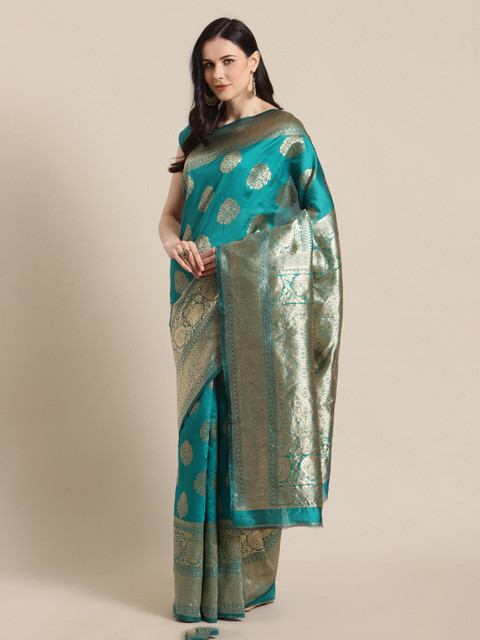 

Mitera Teal Silk Blend Woven Design Banarasi Saree