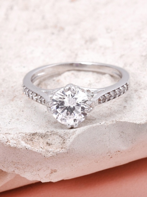 

Tistabene Rhodium-Plated Silver-Toned & White Stone-Studded Finger Ring