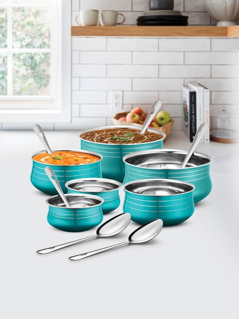 

URBAN CHEF Set of 12 Blue & Silver-Toned Striped Stainless Steel Handi & Spoons
