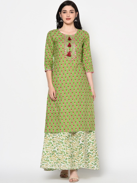 

GULMOHAR JAIPUR Women Green & Pink Printed Kurta with Skirt