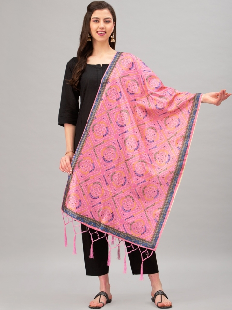 

Satrani Pink & Blue Bandhani Digital Print Jacquard Dupatta