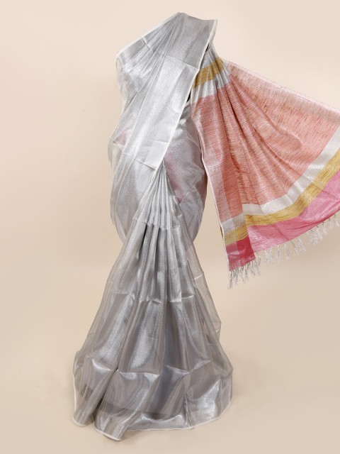 

Pothys Silver-Toned Solid Linen Blend Saree