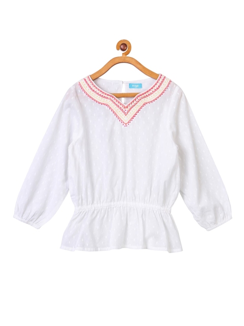 

Miyo Girls White Embroidered Bishop Sleeves Pure Cotton Cinched Waist Top