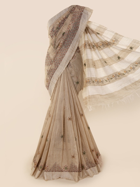 

Pothys Cream-Coloured Embroidered Jute Cotton Saree