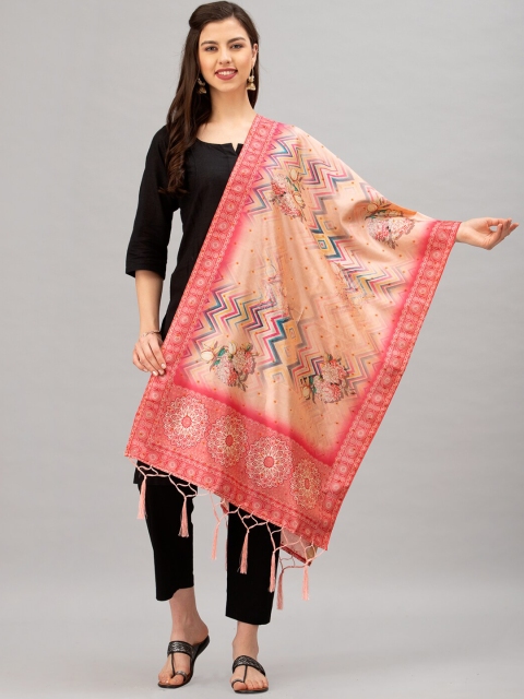 

Satrani Peach-Coloured & Blue Floral Digital Print Jacquard Dupatta